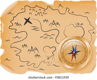 An ancient pirate treasure map with a compass