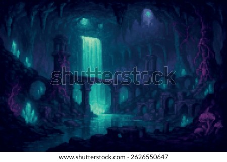 Ancient pixel ruins hidden in a dark cavern with glowing crystals and a bright waterfall. A secret place of forgotten magic.
