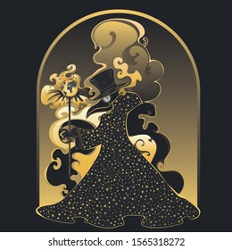 Ancient plague doctor in starry coat, art deco inspired, modern retro style illustration.