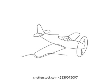 An ancient plane with a huge propeller in front of it. Vintage plane one-line drawing