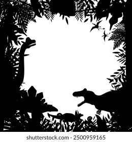 Ancient plants and Jurassic land dinosaur silhouette frame (background). White background.