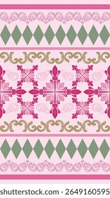 Antigo brincalhão delicado caro verde jade cor de ouro rosa cor sem emenda padrão da borda. Rolar Ornamento Geométrico para Decoração de Moda Interior Tecidos de Seda Papel de Parede Brocade Jacquard Textiles Layer  