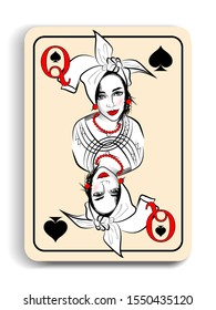 ancient playing card with the image of a beautiful girl in the national headdress, Queen of spades