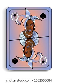 ancient playing card with the image of a beautiful girl in the national headdress, Queen of spades