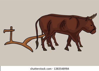 Ancient Plough And Oxen Team, Vector Cartoon Illustration Of Primitive Farming Tool