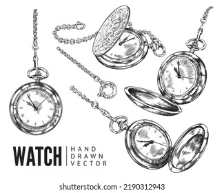 Ancient pocket watches collection, vintage style hand drawn vector illustration isolated on white background. Gentlemen retro watches on chain bundle.