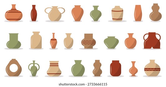 Ancient pottery and ceramic vase collection in earthy colors. Traditional clay vessels with different shapes and patterns