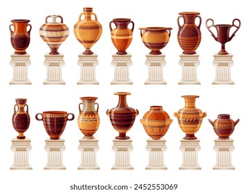 Ancient pottery, vase, jar, pot and amphora on old white columns. Pottery studio with antique greek roman ceramic vessels. Museum earthenware vector cartoon illustration. Handcrafted pottery workshop