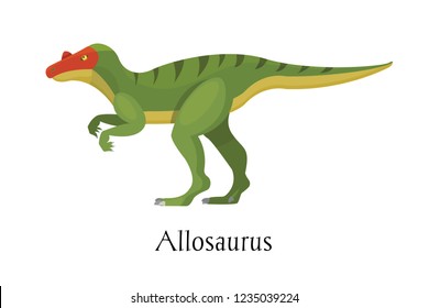 Ancient prehistoric animal dinosaur. Big wild ground predatory animal of the prehistoric Mesozoic era. Bipedal dinosaur Allosaurus. Vector illustration in cartoon style.