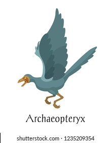 Ancient prehistoric animal dinosaur. Big wild air predatory animal of the prehistoric Mesozoic era. Fly dinosaur bird Archaeopteryx. Vector illustration in cartoon style.