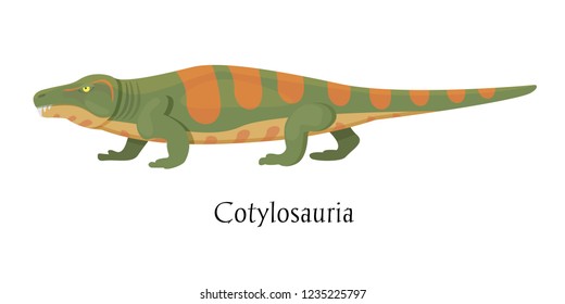 Ancient prehistoric animal dinosaur. Big wild amphibian predatory animal of the prehistoric Mesozoic era. Dinosaur Cotylosauria four-legged. Vector illustration in cartoon style.