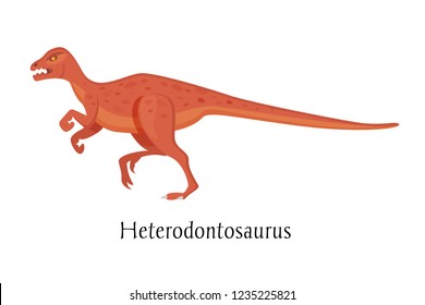 Ancient prehistoric animal dinosaur. Big wild ground predatory animal of the prehistoric Mesozoic era. Bipedal dinosaur Heterodontosaurus. Vector illustration in cartoon style.