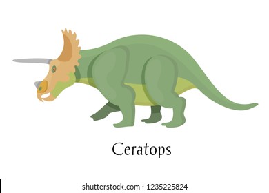 Ancient prehistoric animal dinosaur. Big wild ground predatory animal of the prehistoric Mesozoic era. Dinosaur Ceratops four-legged. Vector illustration in cartoon style.