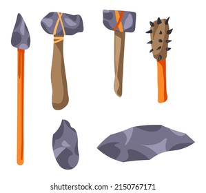 Ancient prehistoric instruments and tools for work and hunting. Isolated spear and hammer, handmade beat made of rocks and heavy stones. Evolution and primeval crafts survival. Vector in flat