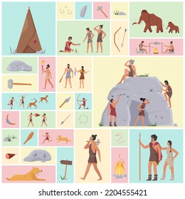 Ancient prehistoric people, animals and tools set vector illustration. Cartoon hunting homosapiens, man and woman in tribal clothes, primitive neanderthal tribe in geometric collage background