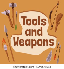 Alte prähistorische Menschen Waffentools Hintergrund, flache Vektorgrafik. Historische Steinzeit-Artefakte und archäologische Ausstellungsbanner oder Plakatvorlage.
