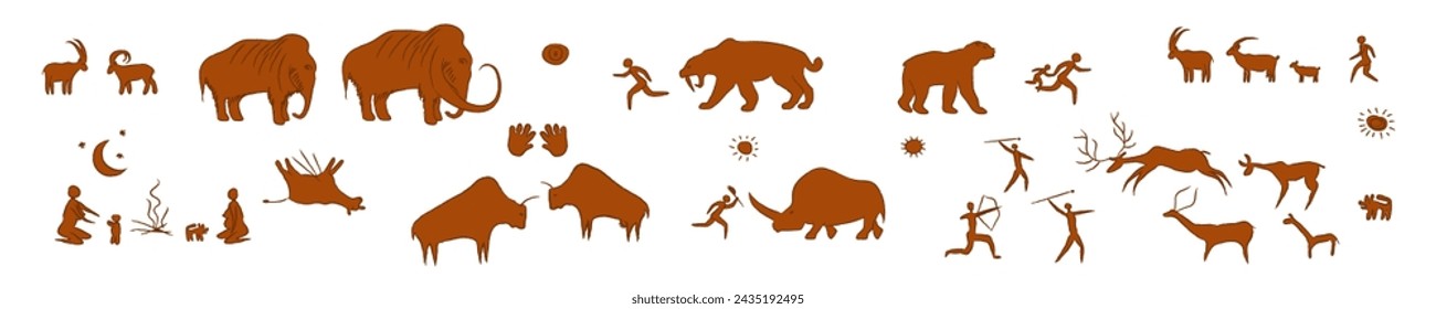 Ancient prehistoric rock paintings. Cave paintings of primitive people hunting mammoths and rhinoceros making cromagnan women campfires and graze vector goats.