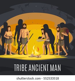 Ancient prehistoric stone age concept. Tribe ancient man making fire in cave vector illustration.