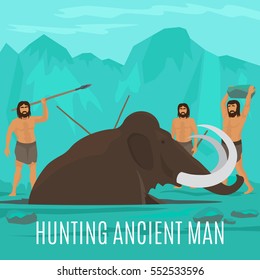 Ancient prehistoric stone age concept. Mammoth hunting vector illustration.