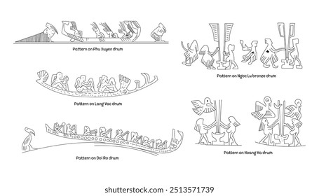 Ancient, prehistoric Vietnamese culture, ethnic decorative decoration line art of Dong Son. Boat, human, pounding rice, tribes. Patterns on Viet drum, Hoang Ha, Ngoc Lu, Lang Vac, Hoang Ha, Doi Ro