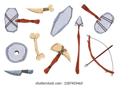 Antiguas herramientas primitivas de armas de arqueología de la vejez de caballería aisladas. Elemento de diseño de línea de doodle de vector
