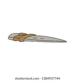 Ancient primitive stone knife or dagger in sketch style, vector illustration isolated on white background. Tool and weapon of prehistoric caveman, sharp stone or rock tied by rope, bone knife