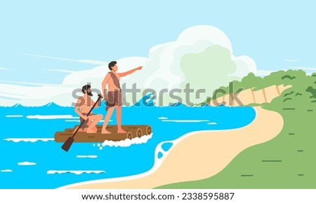 Ancient Primitive tribe people humans migrated to discover new continents aboard a raft across the sea towards the mainland Сток-фото © 