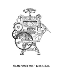 Ancient printing press machine illustration, hand drawn sketch of antique machine