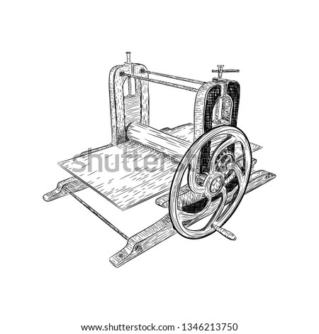 Ancient printing press machine, letterpress illustration