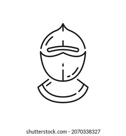 Ancient protection cap, Portugal warrior protection isolated thin line icon. Vector spartan military armor, royal guard mascot isolated helmet sign. Gladiator crusader headgear, medieval knight head