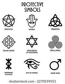 Ancient protective signs set. Symbolic tattoo design and meaning. Minimalist symbol design template. Occultism sign. Mystic signs. Esoteric symbol, occult alchemy amulet. Vector illustration 