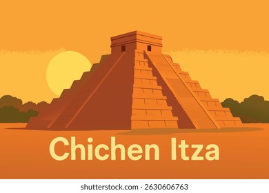 A antiga pirâmide de Chichen Itza iluminada pela luz suave do nascer do sol, lançando longas sombras sobre as ruínas maias