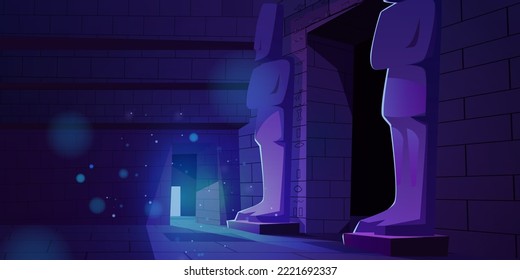 Ancient pyramid in Egypt, pharaoh tomb inside. Old Egyptian temple, historic building interior with stone walls, statues and hieroglyphs at night, vector cartoon illustration