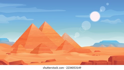 Ancient pyramids landscape. Egypt pyramid landscape in saqara desert, giza plateau panoramic scenery cairo landmark background ancient architecture, ingenious vector illustration of architecture egypt