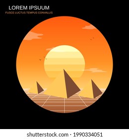 Ancient pyramids in orange desert retro style vector illustration