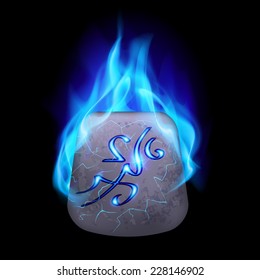 Ancient quadrangular stone with magic rune burning in blue flame