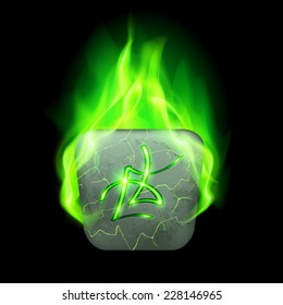 Ancient quadrangular stone with magic rune in green flame