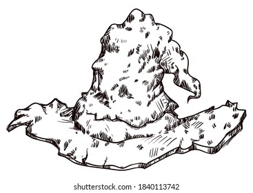 Ancient and ragged wizard hat in hand drawn style, isolated over white background.