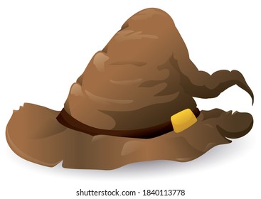 Ancient and ragged wizard hat with leather band and buckle, isolated over white background.