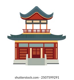 Ancient red chinese house building vector image, asian traditional building facade clip art, pagoda home flat design illustration, cartoon china architecture isolated on white