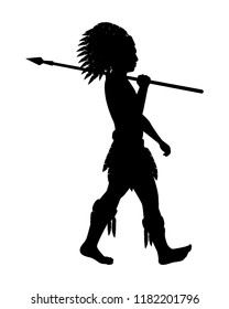 Ancient Red indian with spear silhouette vector. People in black and white concept.