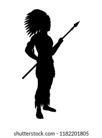 Ancient Red indian with spear silhouette vector. People in black and white concept.