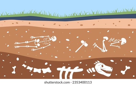 Ancient remains, bones fossil underground. Skeleton in earth, archeology or paleontology science. Historical discovering recent vector concept