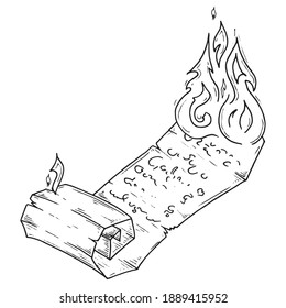 Ancient retinue on fire. Vector burning parchment with letters.