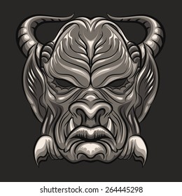 Ancient ritual mask of demon. No gradient used. Isolated on dark gray background.