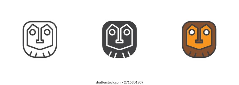 Alte rituelle Maske Symbol in Linie gesetzt, feste und gefüllte Umrisse bunten Stilen. Tribal Gesichtsmaske, Vektorzeichen und Symbol-Symbol, farbige Illustration der prähistorischen Kultur.