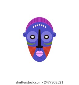 Ancient ritual mask. Vector icon showcasing a ceremonial tribal mask. Made in a bright purple palette, it embodies the essence of traditional rituals and customs. Flat style.