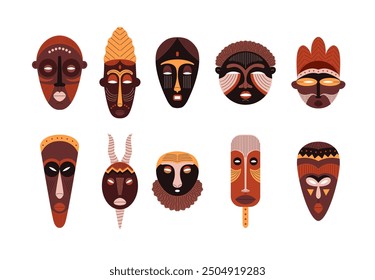 Ancient ritual masks. Vector set showcasing a collection of tribal masks, in different shapes and designs. Reflecting Aztec and African ceremonial traditions. Flat icons on isolated background.