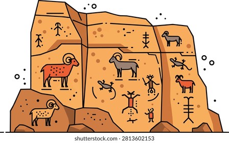 Ancient Rock Art Petroglyphs with Rams and Symbols Illustration