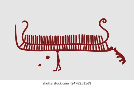 Ancient rock carving from the Bronze Age in Sweden, Image of a person lifting a ship alone, Hand drawn vector illustration isolated, Small strokes in the rowing ship symbolise the crew members